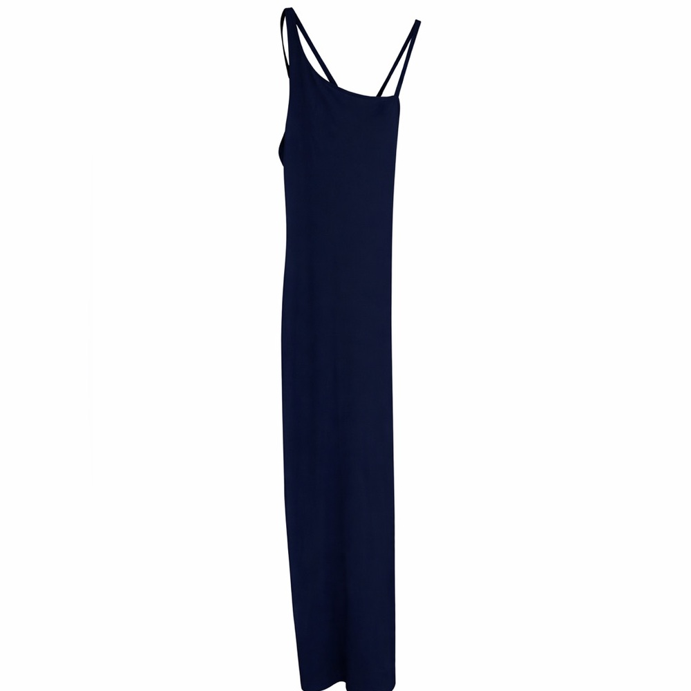 NWT Susan Monaco Navy Blue Uneven Strap Slit Maxi Dress